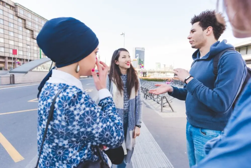 Two people meeting safely for the first time